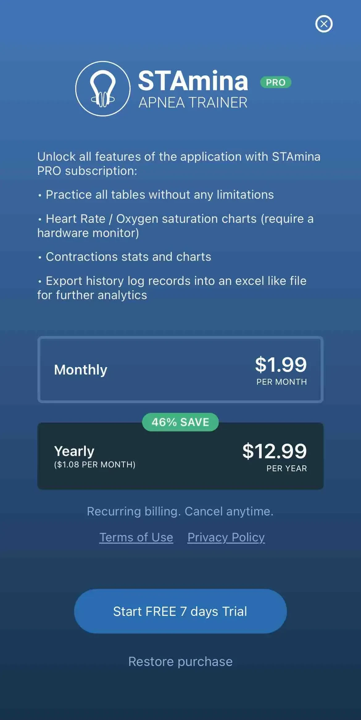 STAmina Apnea Trainer paywall screen