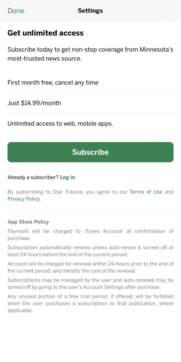 The Minnesota Star Tribune paywall screen
