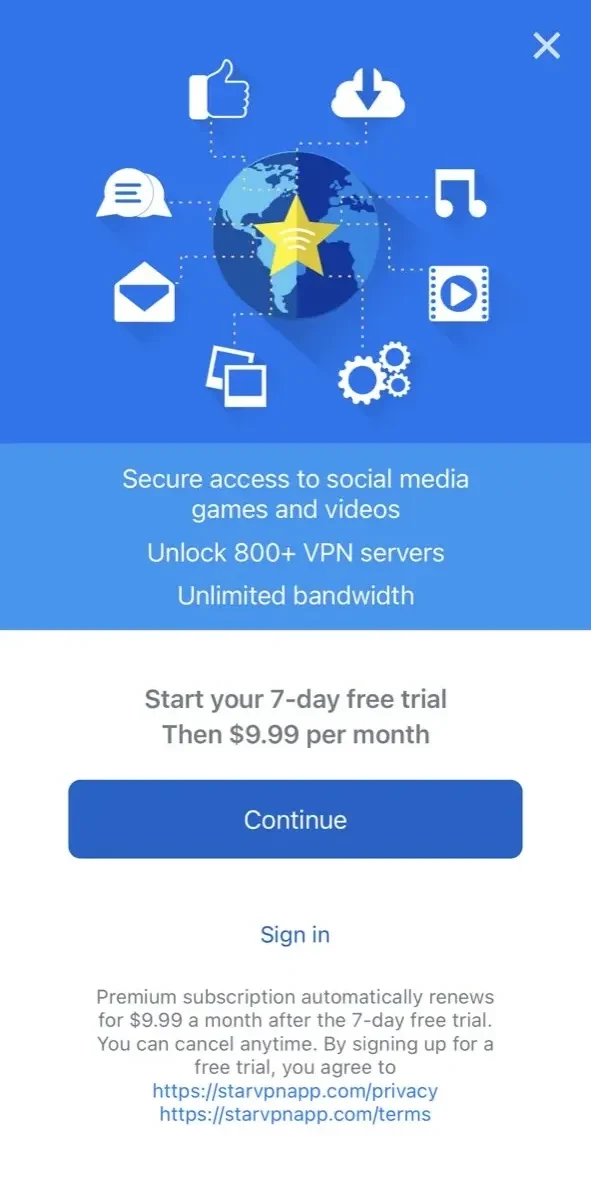 Star VPN paywall screen