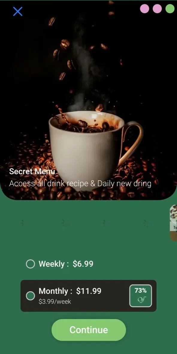 Starbucks App Cafe Secret Menu paywall screen