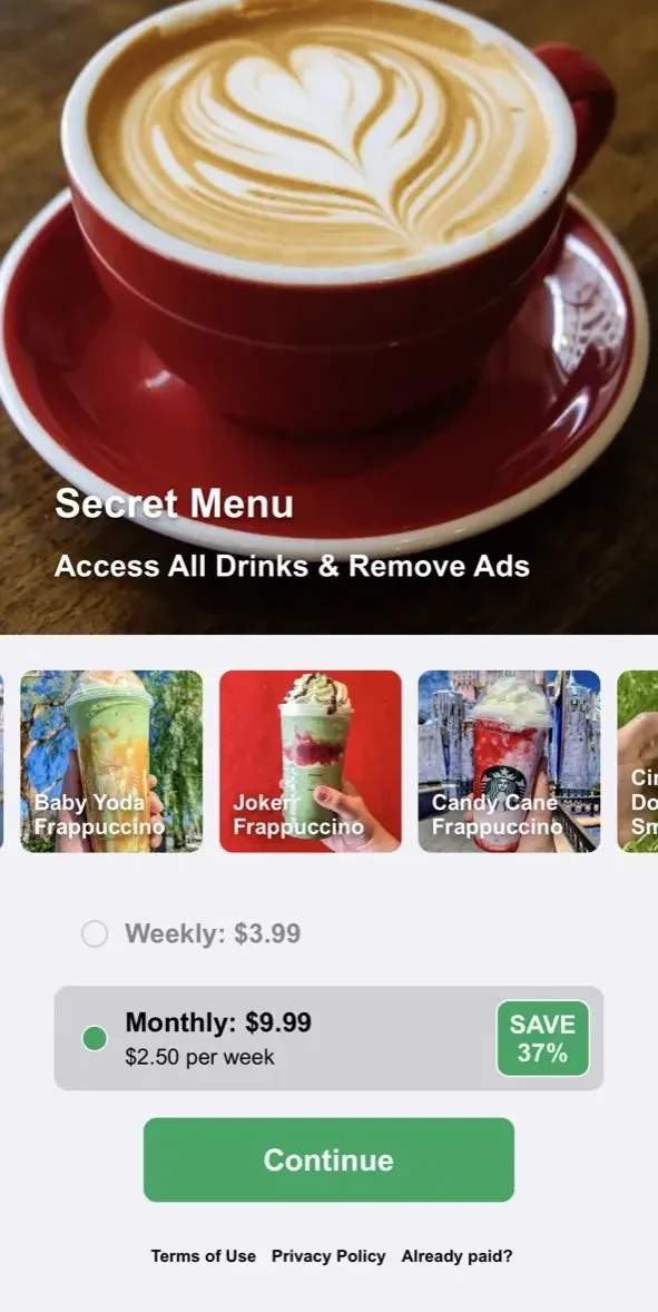 Starbucks Secret Menu Drinks paywall screen
