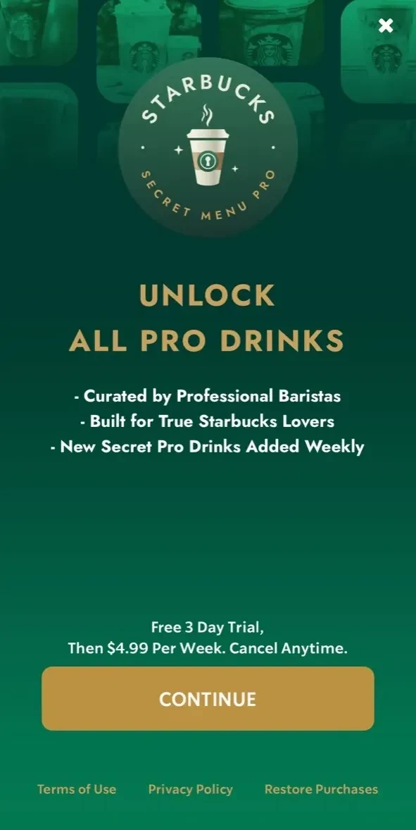 Starbucks Secret Menu Recipes paywall screen