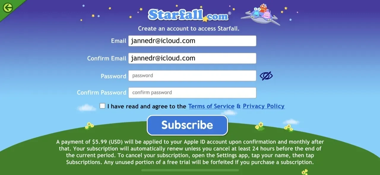 Starfall paywall screen