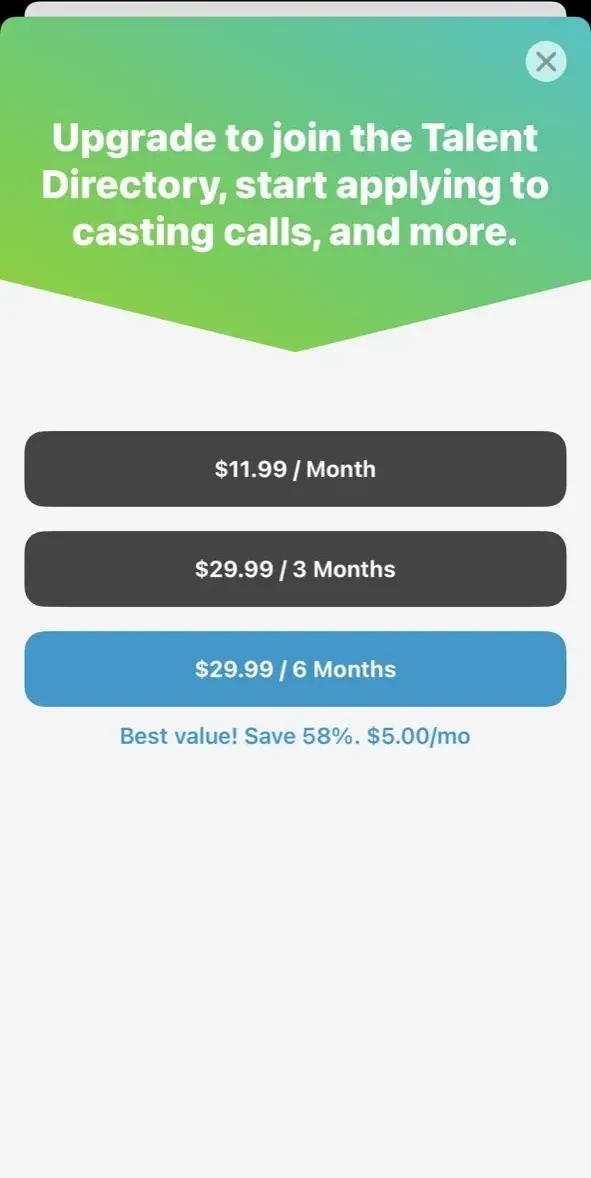 StarNow Audition Finder paywall screen