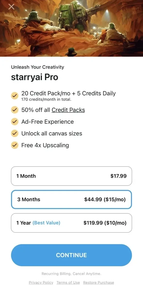 starryai paywall screen