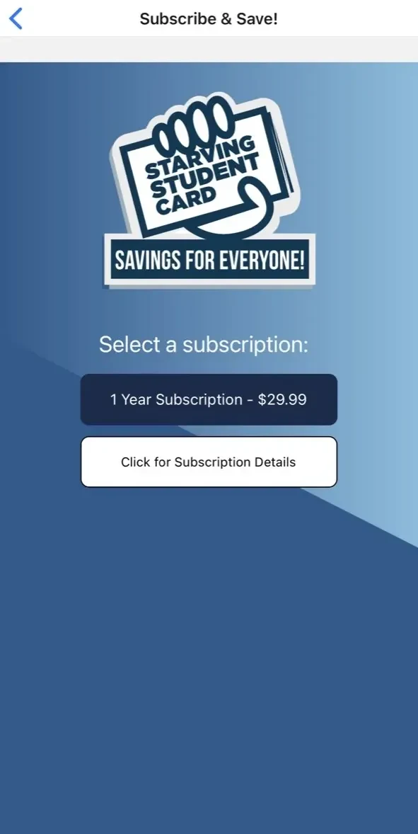 Starving Student Card App paywall screen