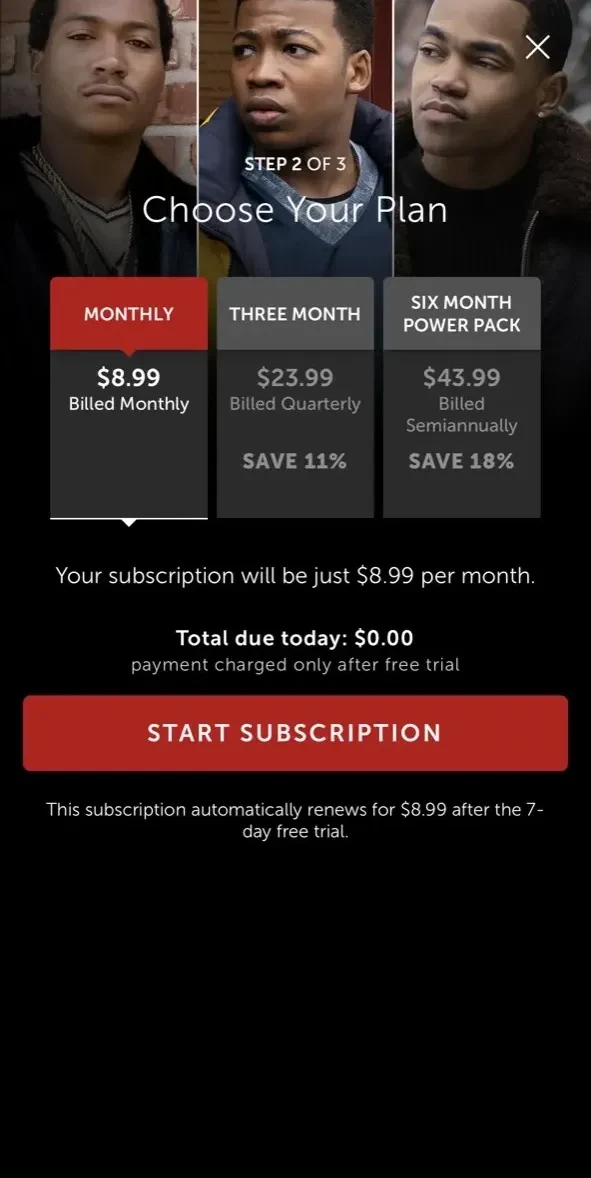 Starz paywall screen