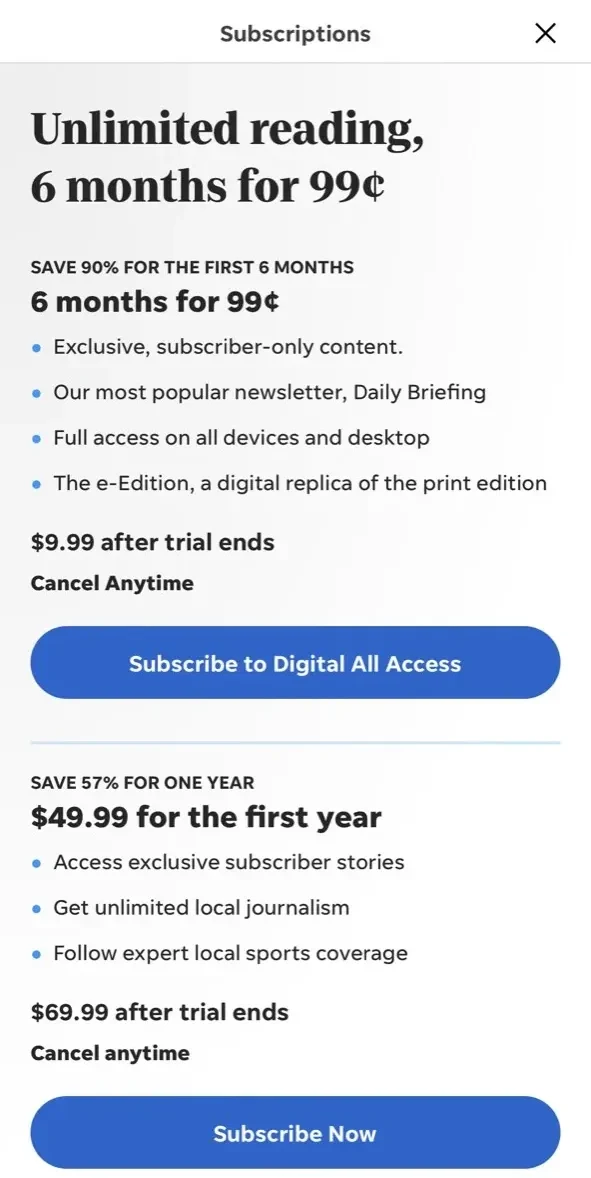 Statesman Journal paywall screen