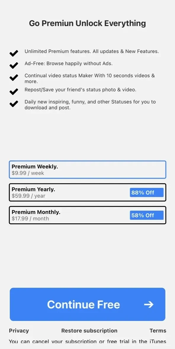 Status Saver paywall screen