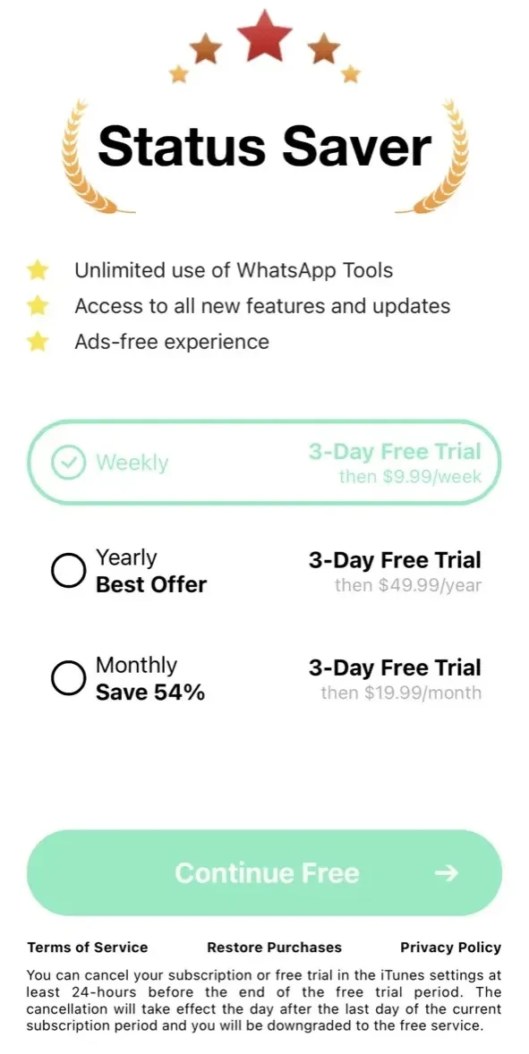 Status Saver Video Photo Save paywall screen