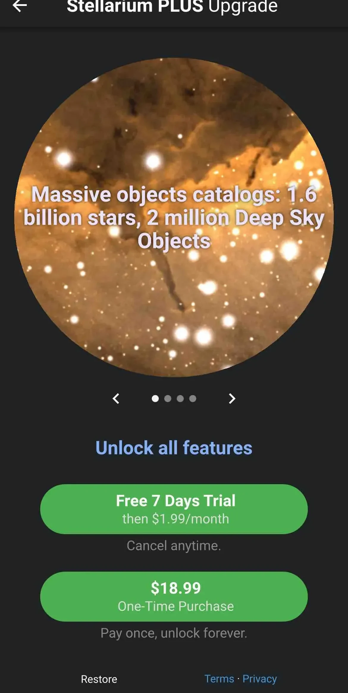 Stellarium Mobile paywall screen