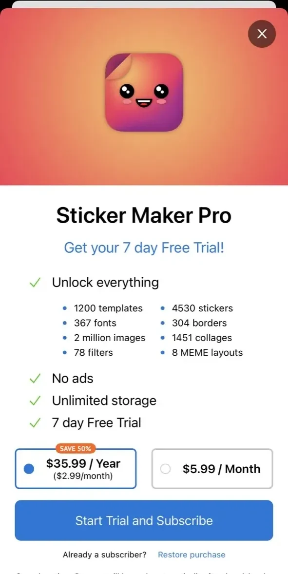Sticker Maker PRO paywall screen