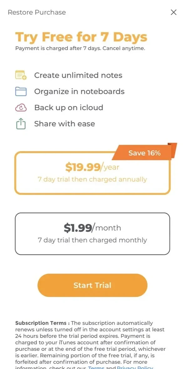 Sticky Notes App paywall screen