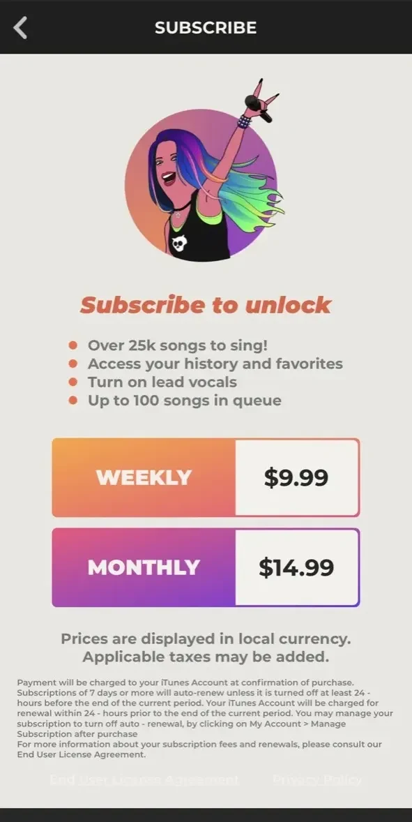 Stingray Karaoke Party paywall screen
