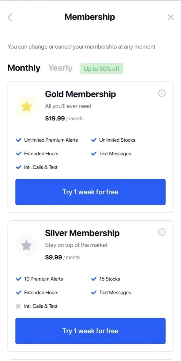 Stock Alarm paywall screen