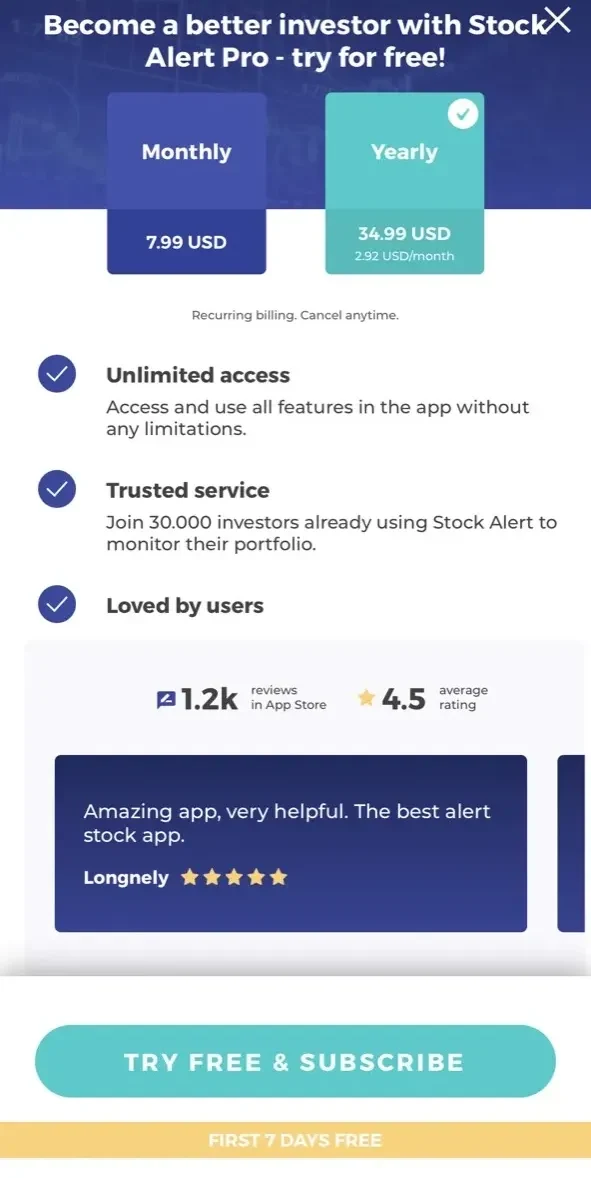 Stock Alert paywall screen