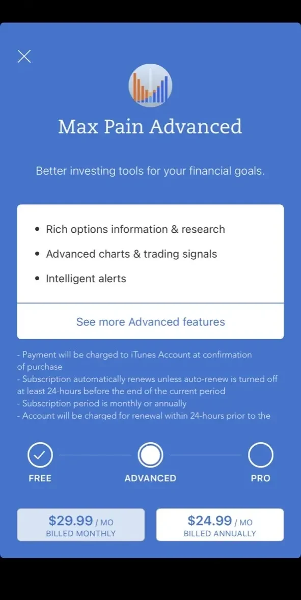 Stock Market Options Max Pain paywall screen
