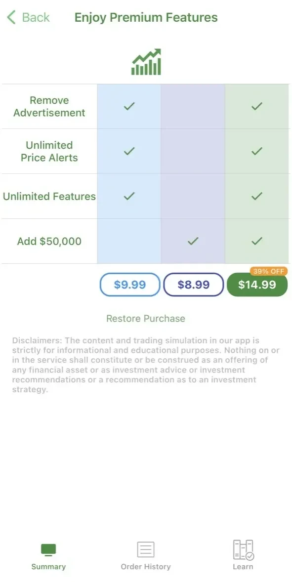 Stock Market Simulator paywall screen