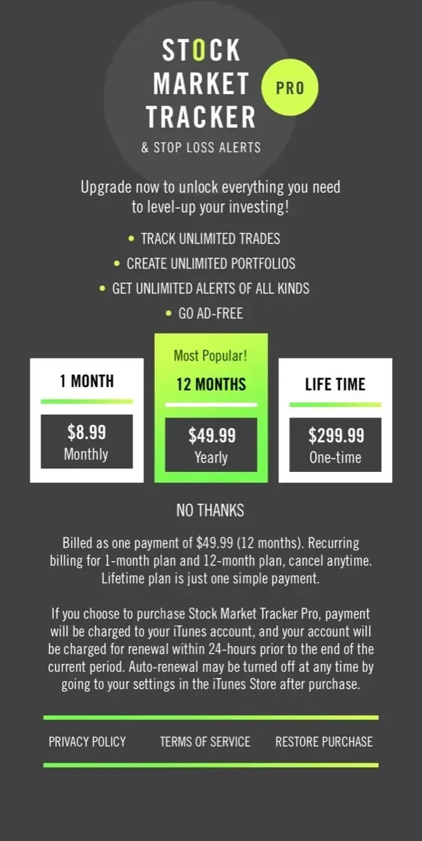 Stock Market Tracker paywall screen