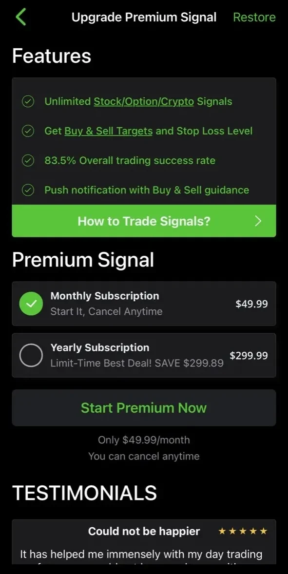 Stock Screener paywall screen