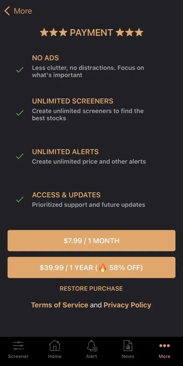 Stock Screener paywall screen