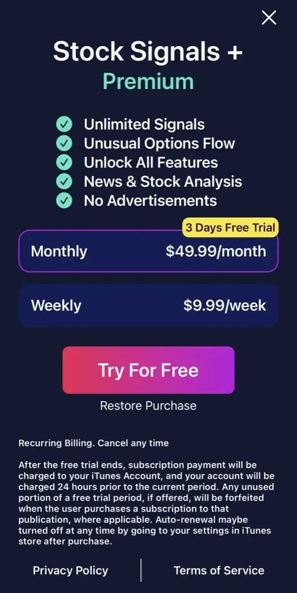 Stock Signals Options Alerts paywall screen