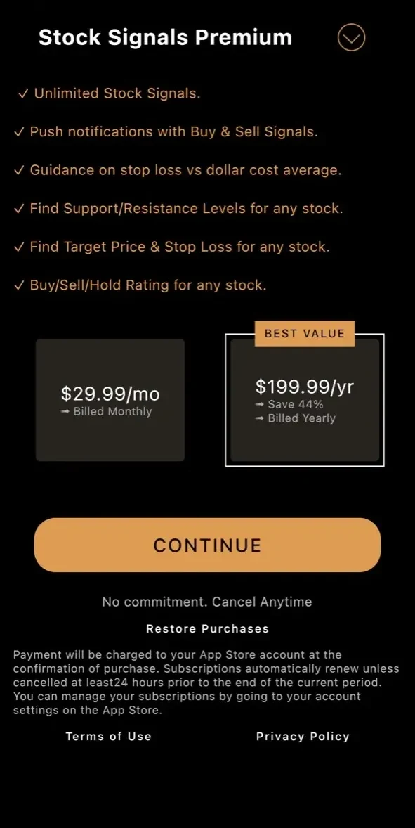 Stock Signals Tracker paywall screen