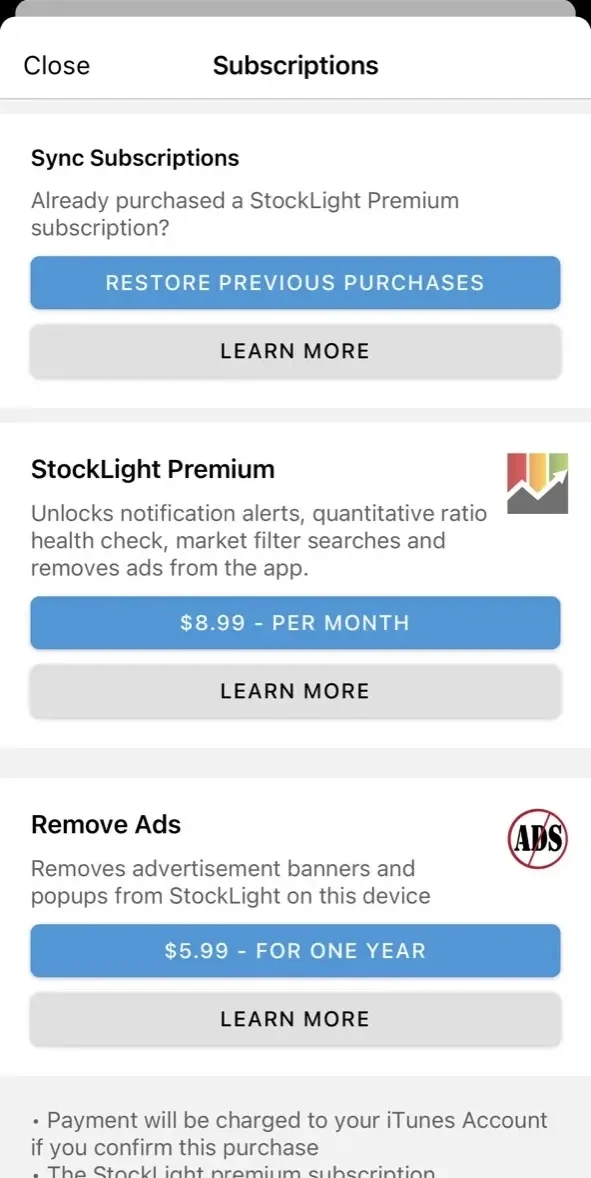 StockLight paywall screen