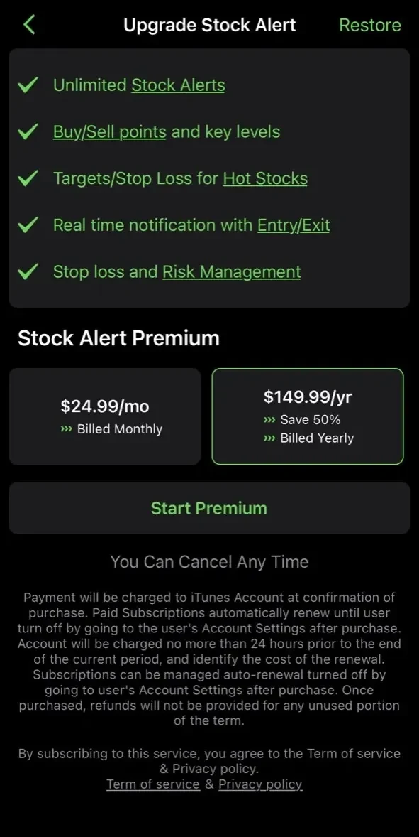 Stocks Alert paywall screen