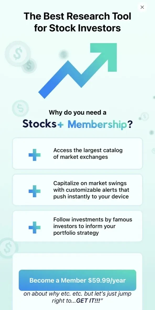 Stocks+ app paywall screen