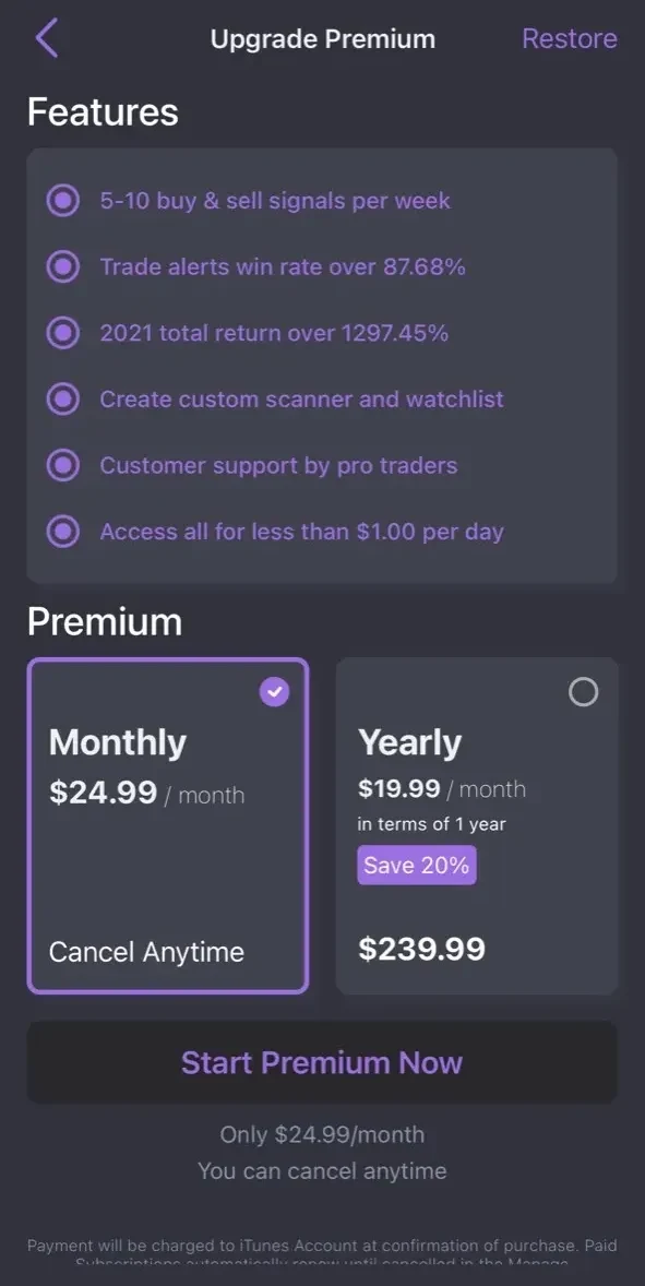 Stocks Picker paywall screen