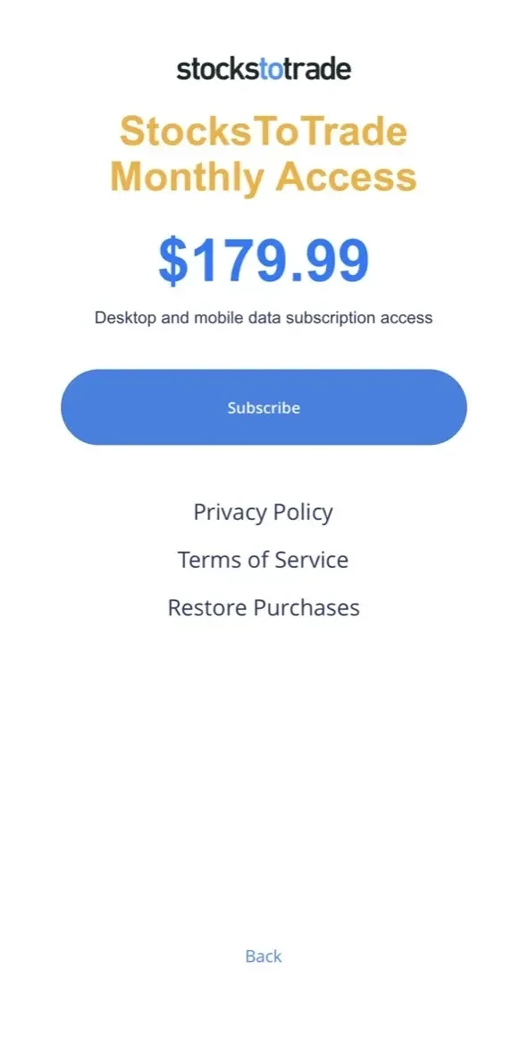 StocksToTrade Mobile paywall screen