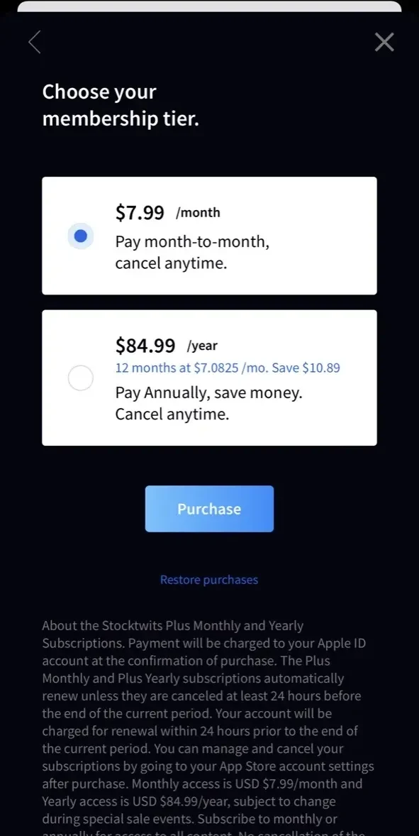 Stocktwits paywall screen
