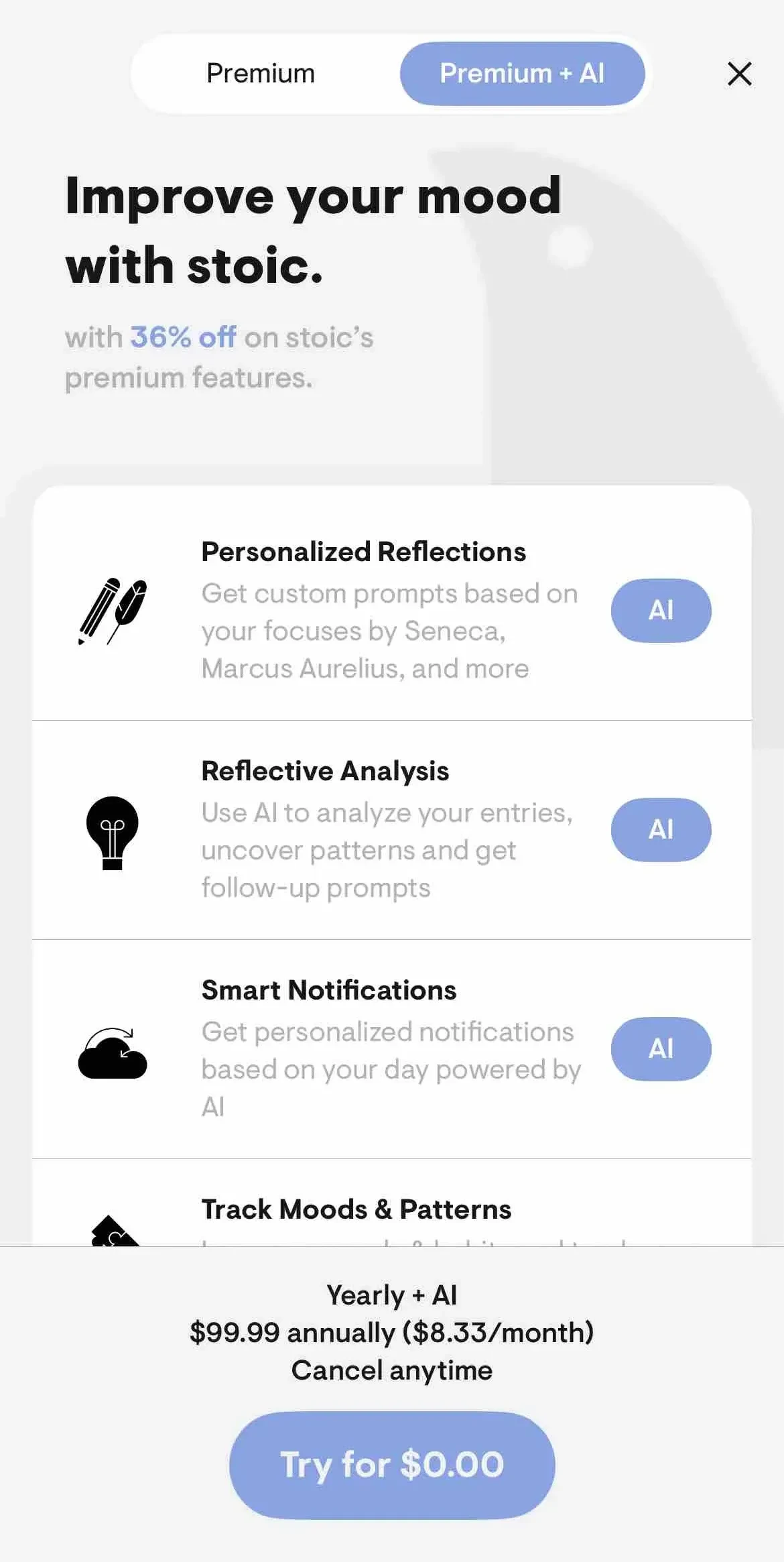 stoic. AI journal paywall screen