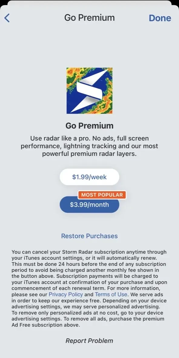 Storm Radar paywall screen