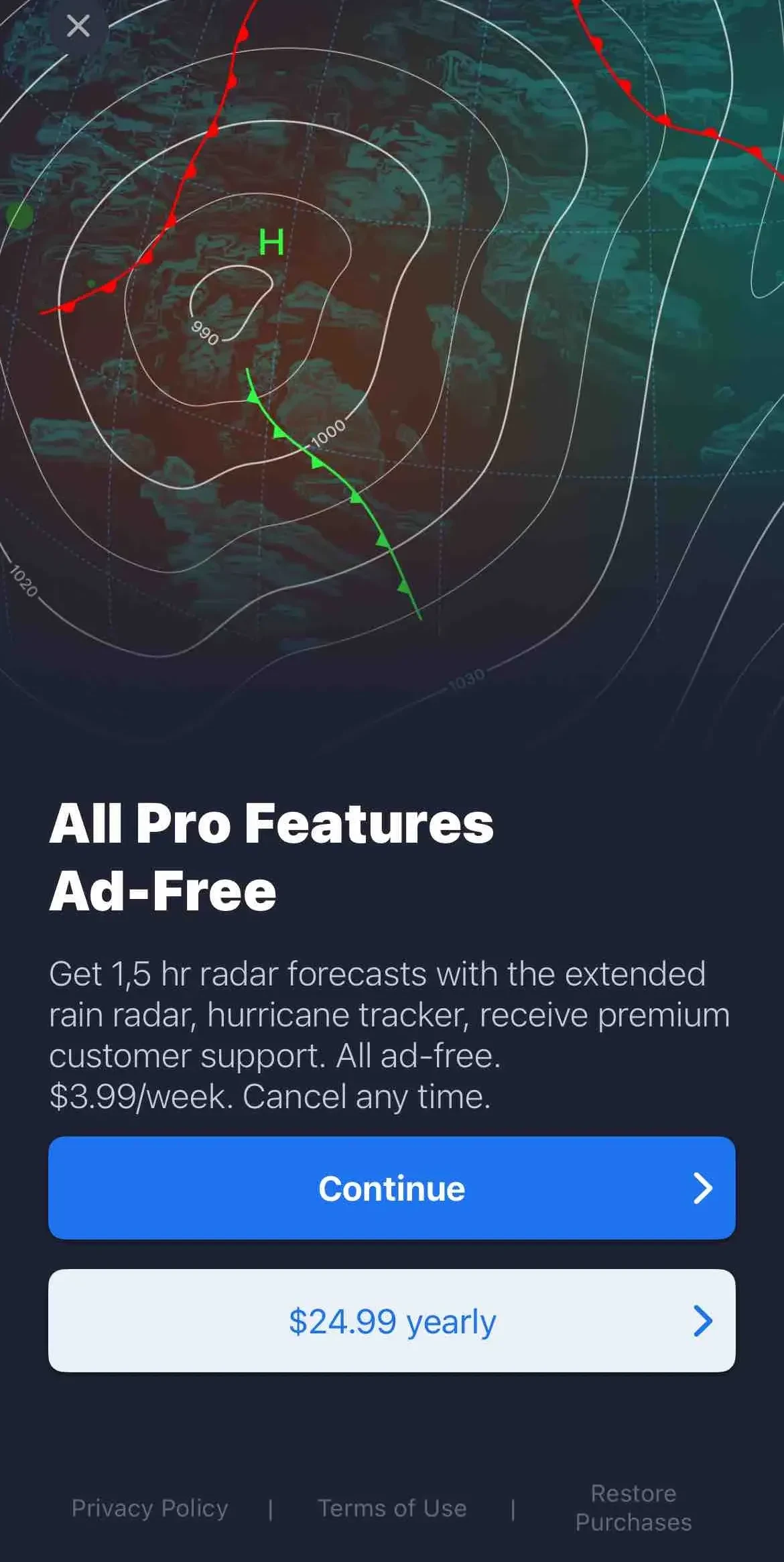 Storm Tracker° paywall screen