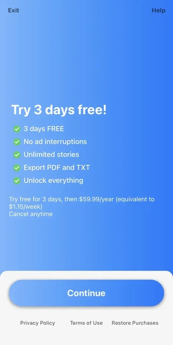 Story Writer paywall screen