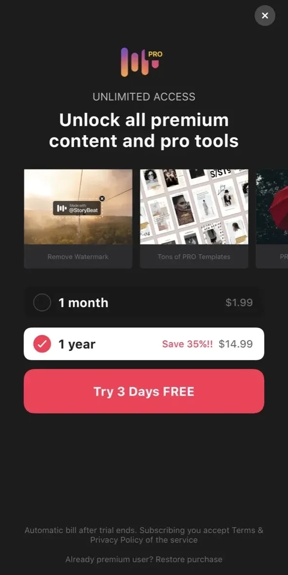 Storybeat paywall screen