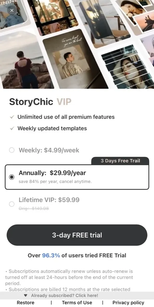 StoryChic paywall screen