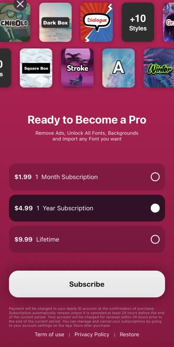 StoryFont paywall screen