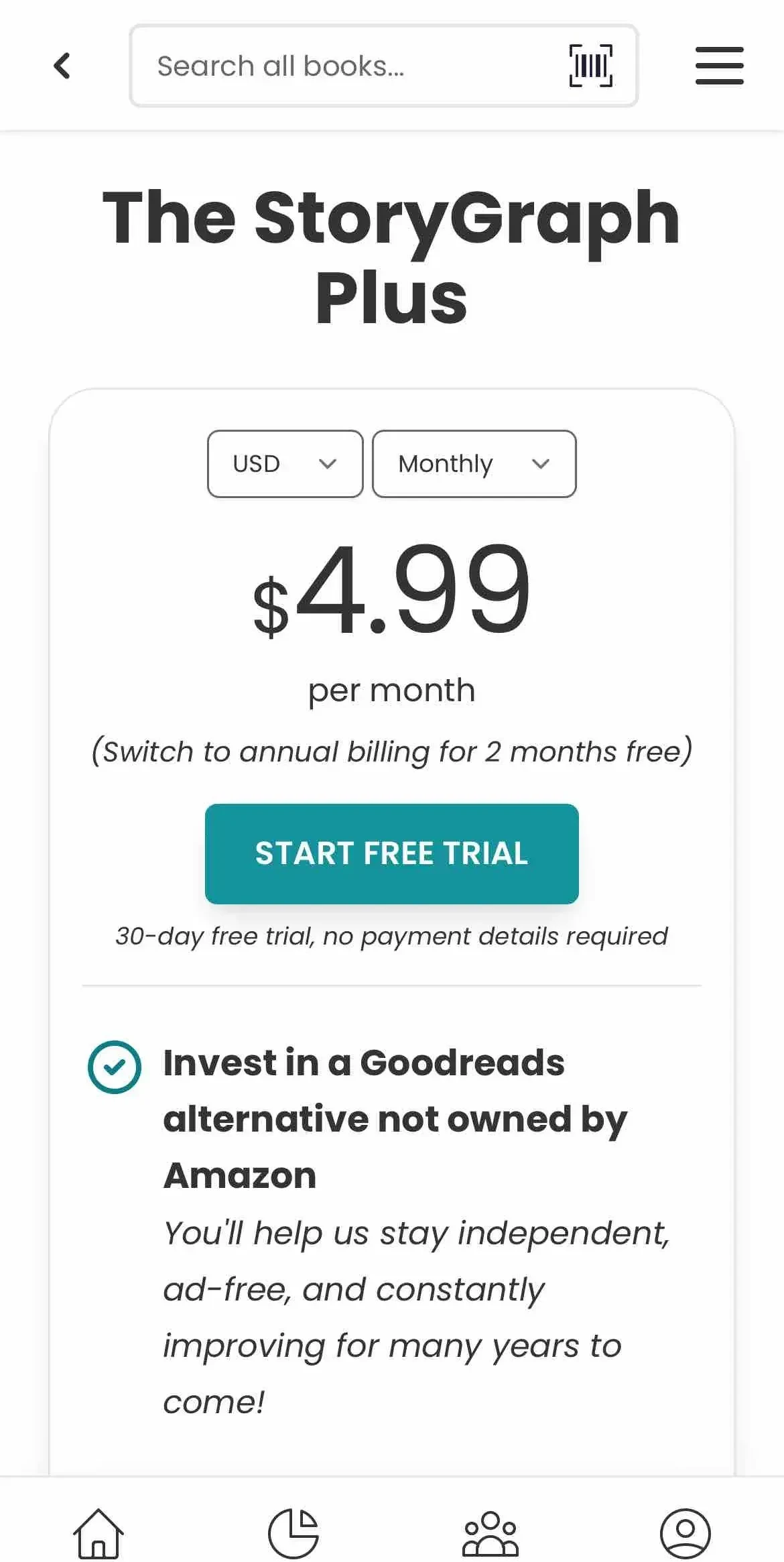 StoryGraph paywall screen