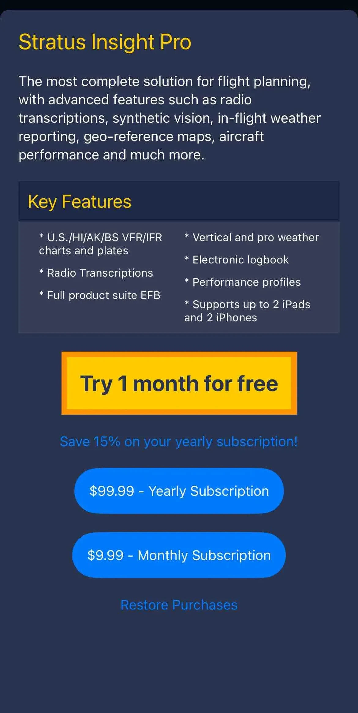 Stratus Insight EFB paywall screen