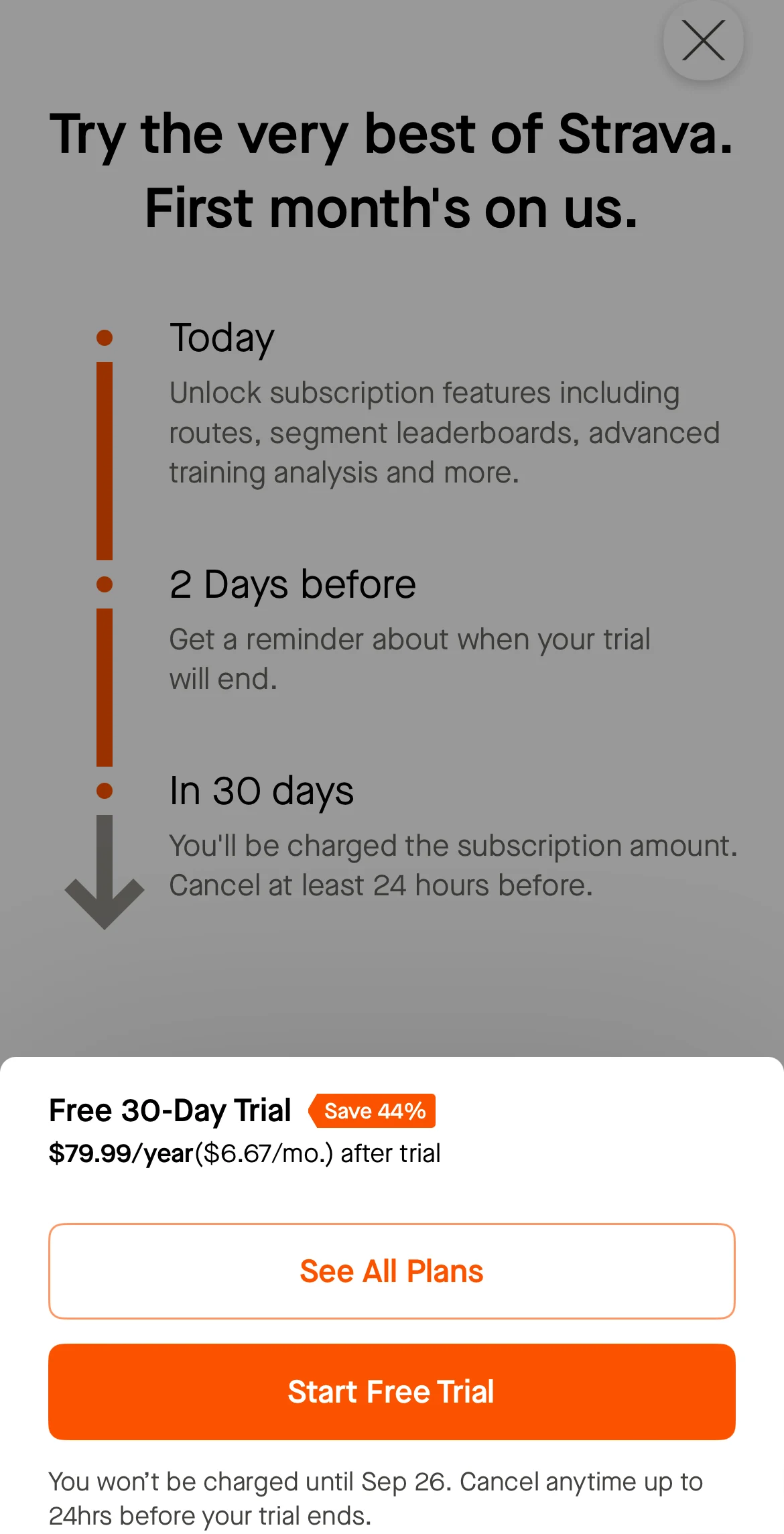 Strava paywall screen