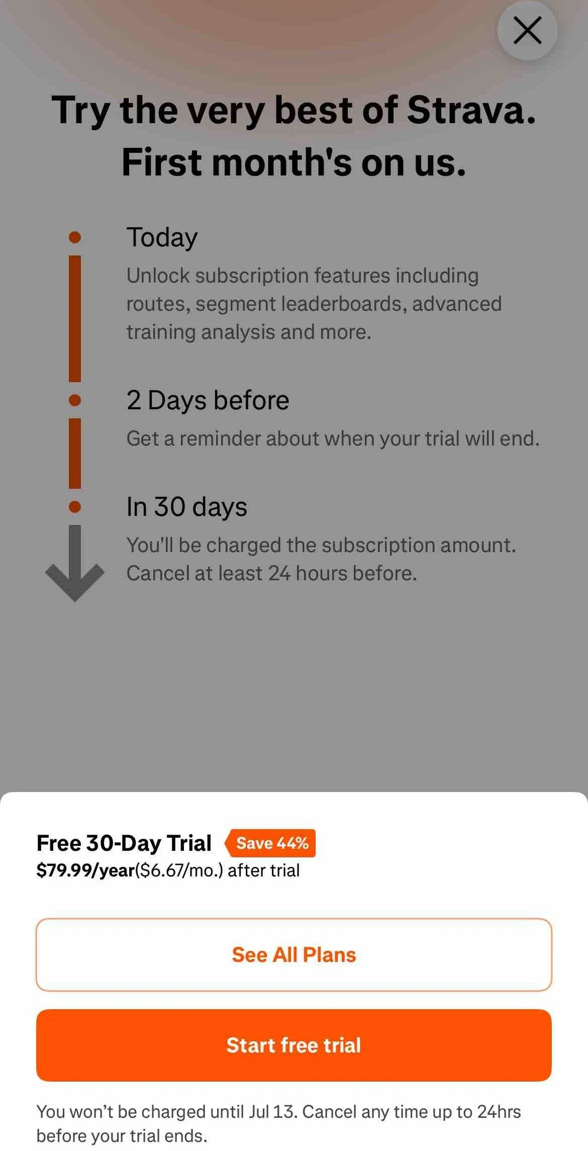 Strava paywall screen