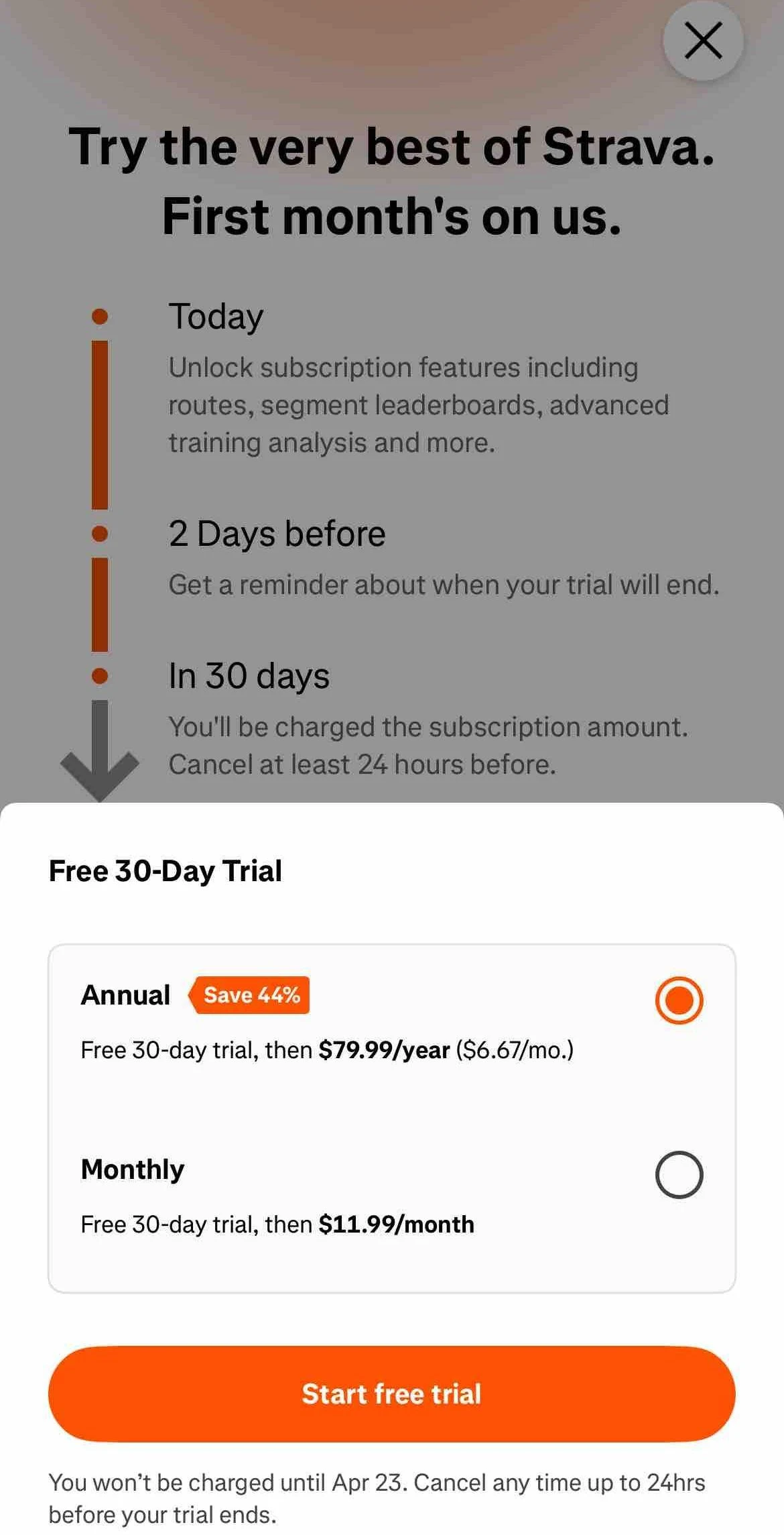 Strava paywall screen