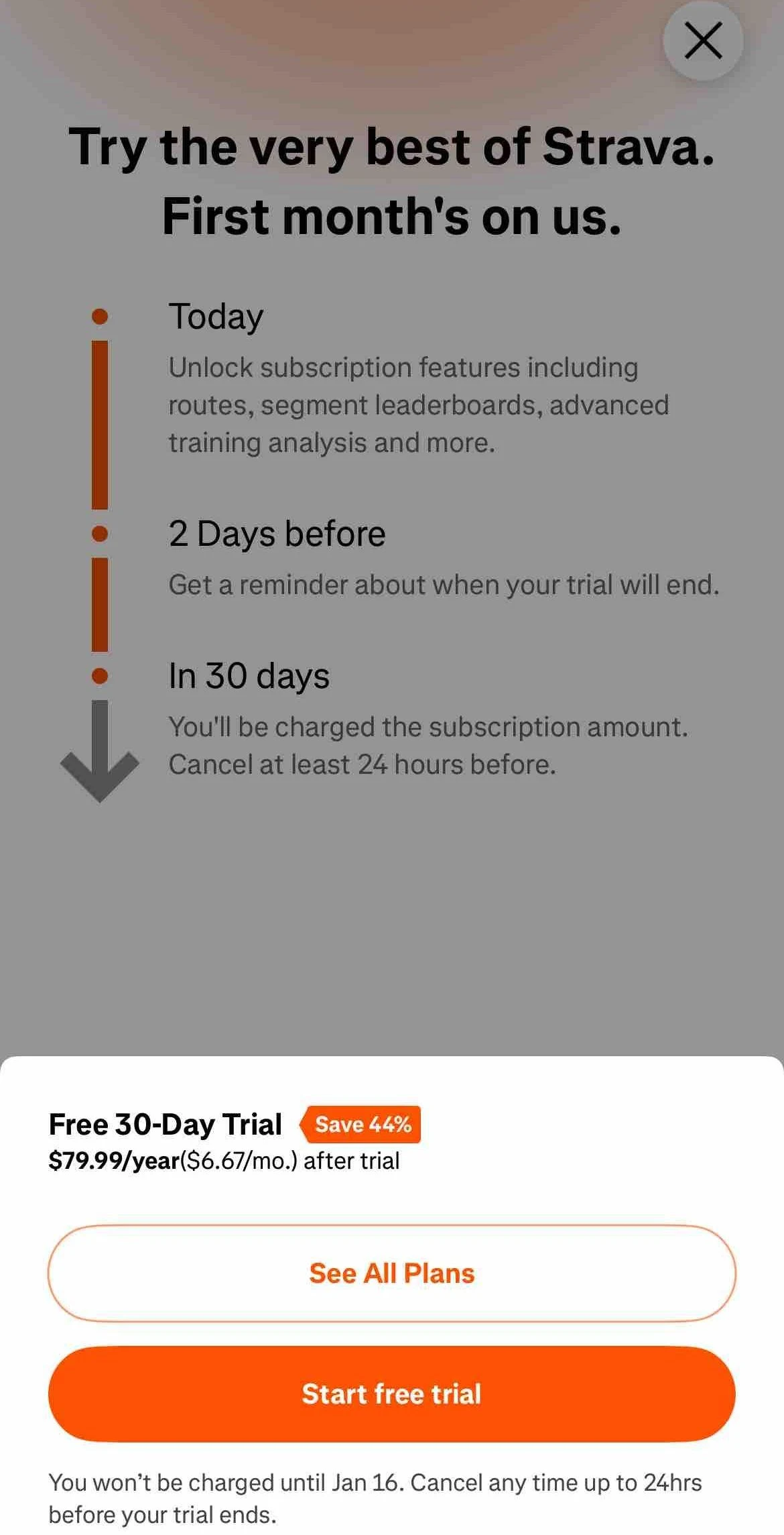 Strava paywall screen