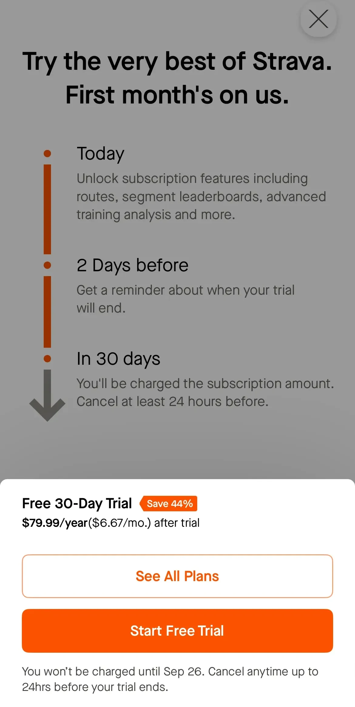 Strava paywall screen