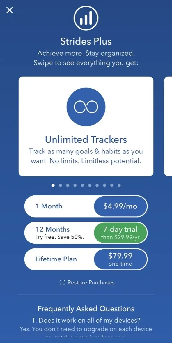Strides paywall screen