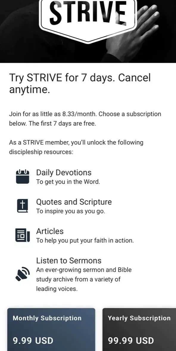Strive Men's Bible Study App paywall screen
