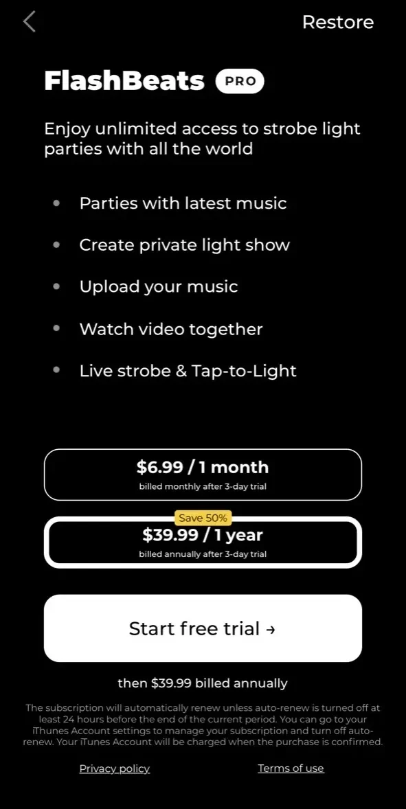 Strobe Light paywall screen